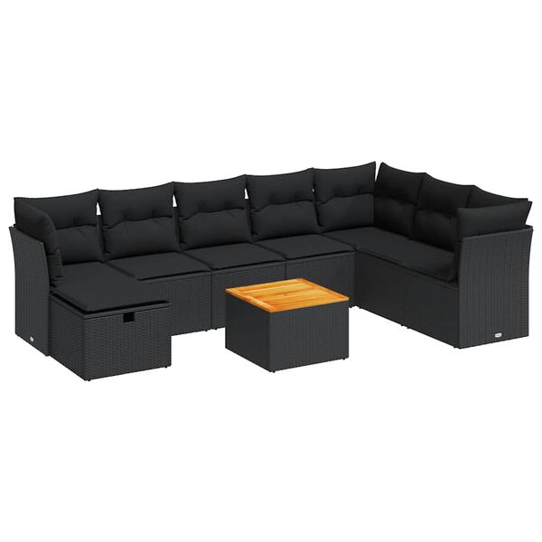 vidaXL 9-tlg. Garten-Sofagarnitur mit Kissen Schwarz Poly Rattan