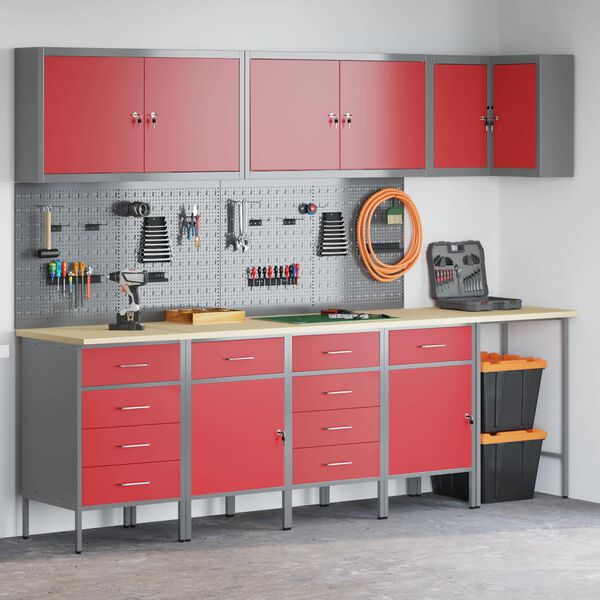 vidaXL Arbeitsschrankset mit Schubladen mit Regal 12 pcs Rot und Grau