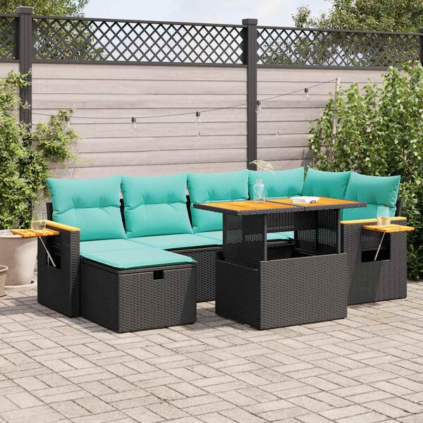 vidaXL 7-tlg. Garten-Sofagarnitur mit Kissen Braun Poly Rattan Akazie