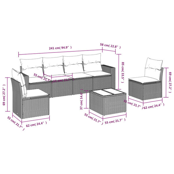 vidaXL 7-tlg. Garten-Sofagarnitur mit Kissen Braun Poly Rattan