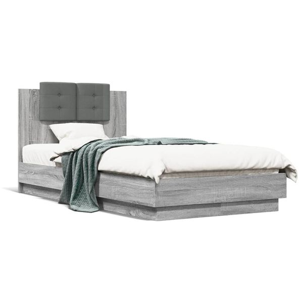 vidaXL Bettgestell mit Kopfteil und LED-Leuchten Grau Sonoma 90x190 cm