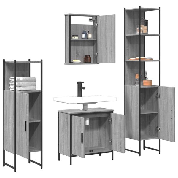 vidaXL 4-tlg. Badm&ouml;bel-Set Grau Sonoma Holzwerkstoff
