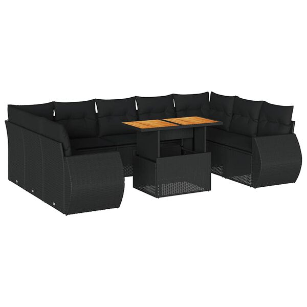 vidaXL 10-tlg. Garten-Sofagarnitur mit Kissen Schwarz Poly Rattan