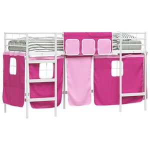 vidaXL Kinder Loft Bettgestell mit Vorh&auml;ngen Wei&szlig; und Rosa 90 x 190 cm