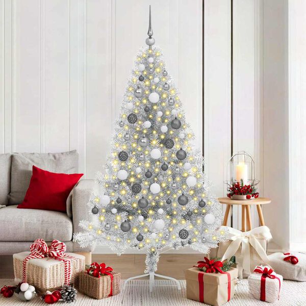 vidaXL K&uuml;nstlicher vorbeleuchteter Weihnachtsbaum Silber 180 cm PET