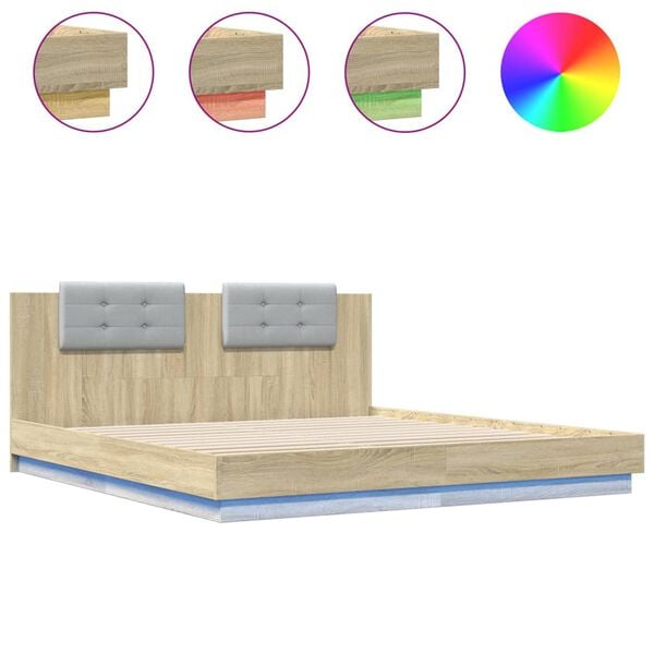vidaXL Bettgestell mit Kopfteil & LED-Leuchten Sonoma-Eiche 160x200 cm