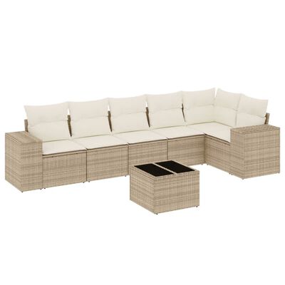 vidaXL 7-tlg. Garten-Sofagarnitur mit Kissen Beige Poly Rattan