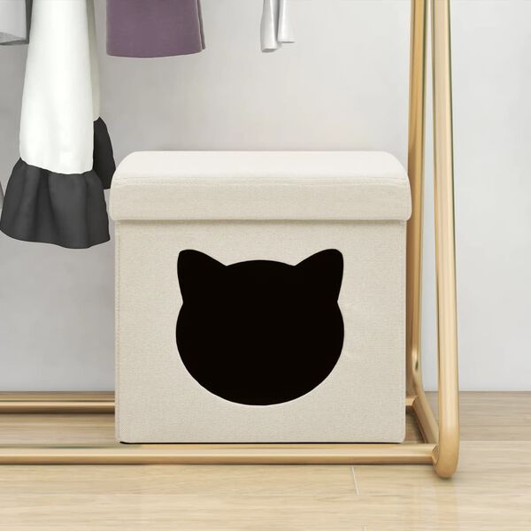 vidaXL Hocker mit Stauraum Katzenmuster Cremewei&szlig; Stoff