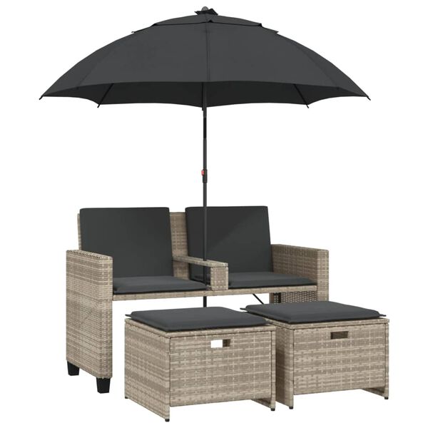 vidaXL Gartensofa 2-Sitzer Sonnenschirm und Hocker Hellgrau Polyrattan