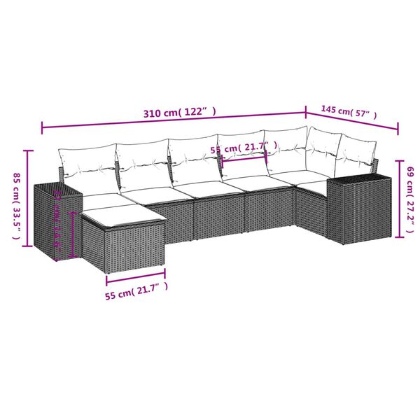 vidaXL 7-tlg. Garten-Sofagarnitur mit Kissen Hellgrau Poly Rattan