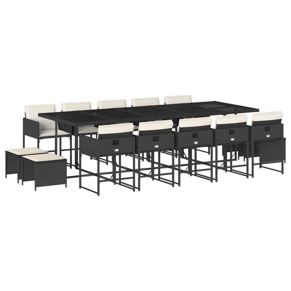 vidaXL 15-tlg. Garten-Essgruppe mit Kissen Schwarz Poly Rattan