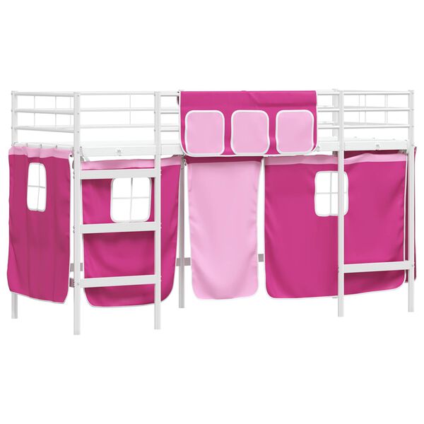 vidaXL Kinder Loft Bettgestell mit Vorh&auml;ngen Wei&szlig; und Rosa