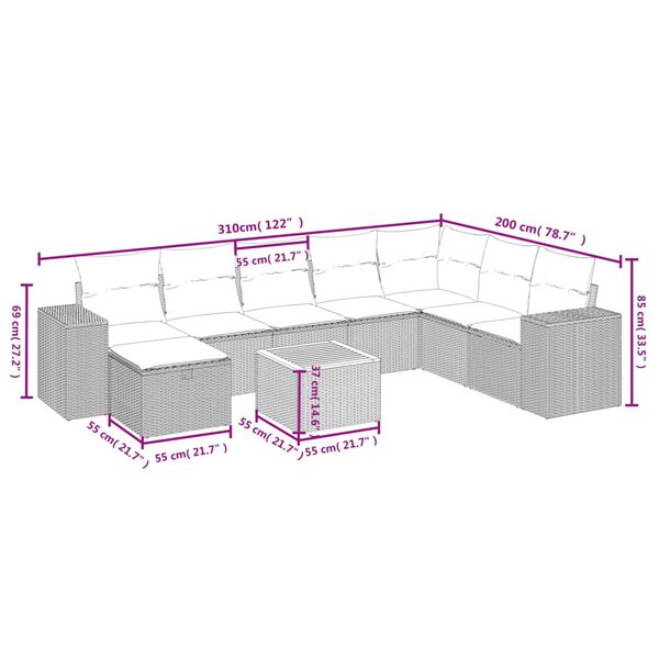 vidaXL 9-tlg. Garten-Sofagarnitur mit Kissen Beige Poly Rattan