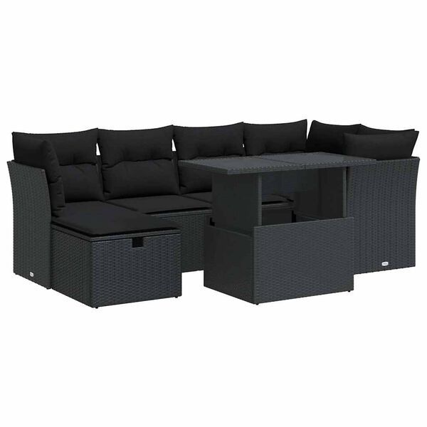 vidaXL 7-tlg. Garten-Sofagarnitur mit Kissen Schwarz Poly Rattan