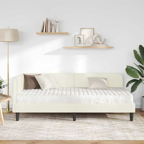 vidaXL Eckbettgestell mit Matratze mit Kopfteil Creme 90 x 200 cm Samt