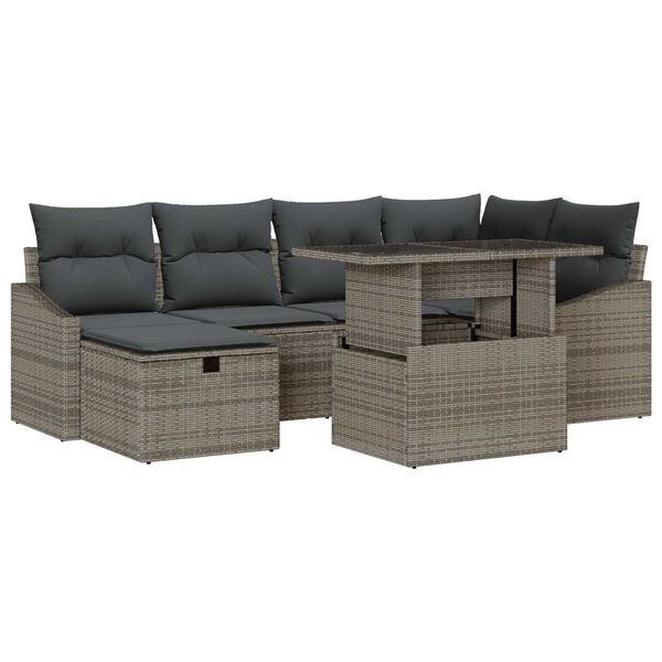 vidaXL Garten-Sofa-Set mit Kissen mit Speicher 7 pcs Grau Poly Rattan