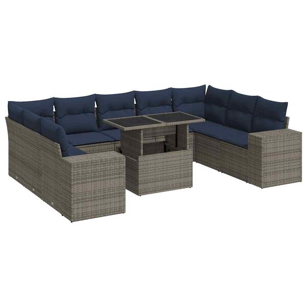 vidaXL 10-tlg. Garten-Sofagarnitur mit Kissen Grau Poly Rattan Akazie