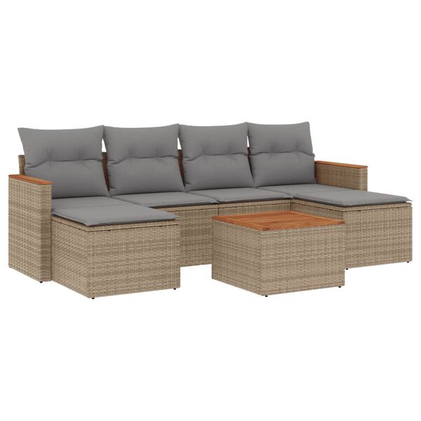 vidaXL 7-tlg. Garten-Sofagarnitur mit Kissen Beige Poly Rattan