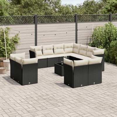 vidaXL 12-tlg. Garten-Sofagarnitur mit Kissen Schwarz Poly Rattan