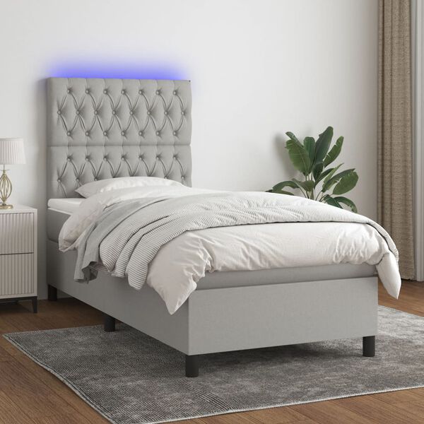 vidaXL Boxspringbett mit Matratze & LED Hellgrau 90x190 cm Stoff
