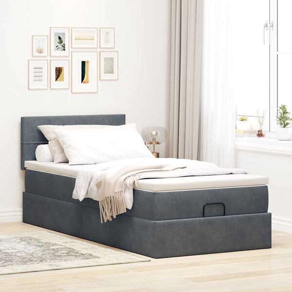vidaXL Ottoman-Bett mit Matratze & LEDs Dunkelgrau 90x200 cm Samt