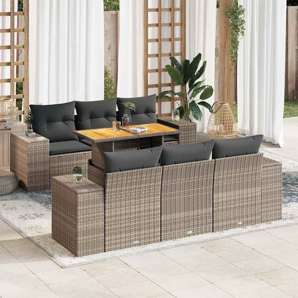 vidaXL 7-tlg. Garten-Sofagarnitur mit Kissen Grau Poly Rattan