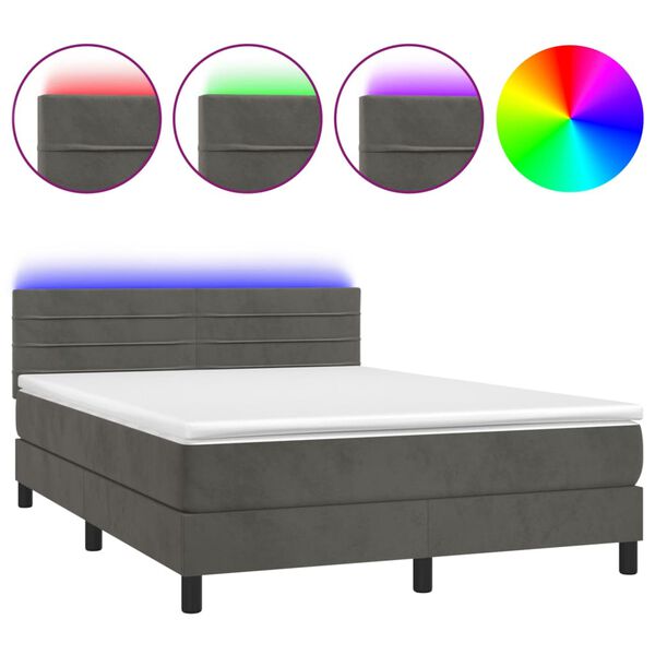 vidaXL Boxspringbett mit Matratze & LED Dunkelgrau 140x200 cm Samt