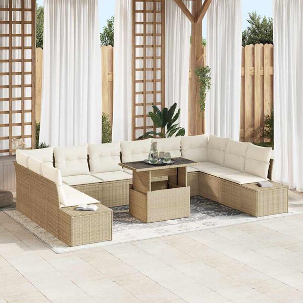 vidaXL Garten-Sofa-Set mit Kissen mit Speicher 11 pcs Beige und Creme