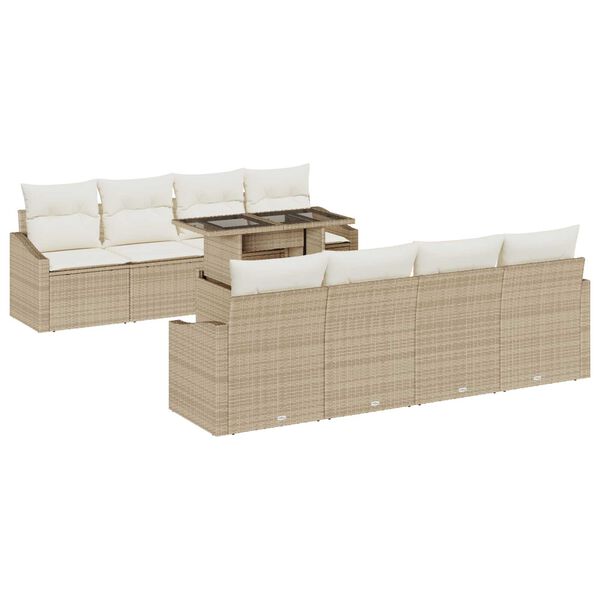 vidaXL Garten-Sofa-Set mit Kissen mit Speicher 9 pcs Beige Poly-Rattan