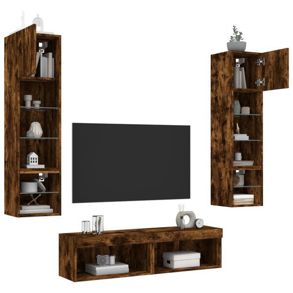 vidaXL 6-tlg. Wohnwand mit LED-Beleuchtung R&auml;uchereiche Holzwerkstoff