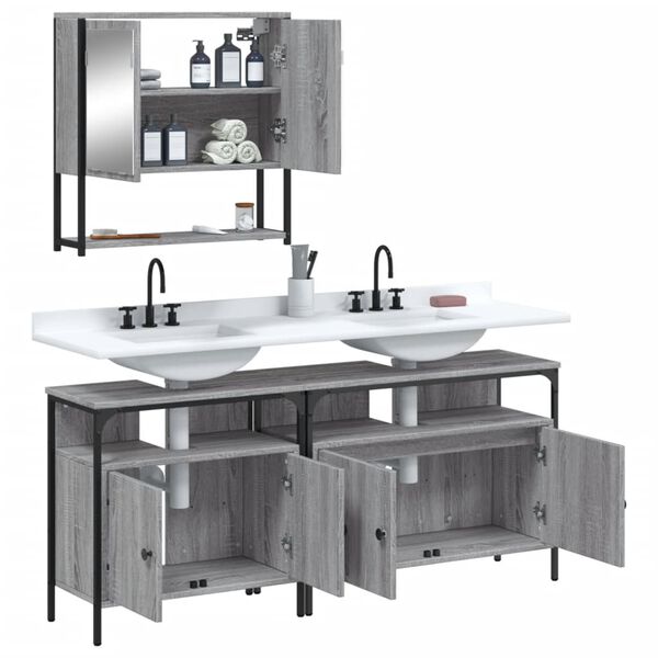 vidaXL 3-tlg. Badm&ouml;bel-Set Grau Sonoma Holzwerkstoff