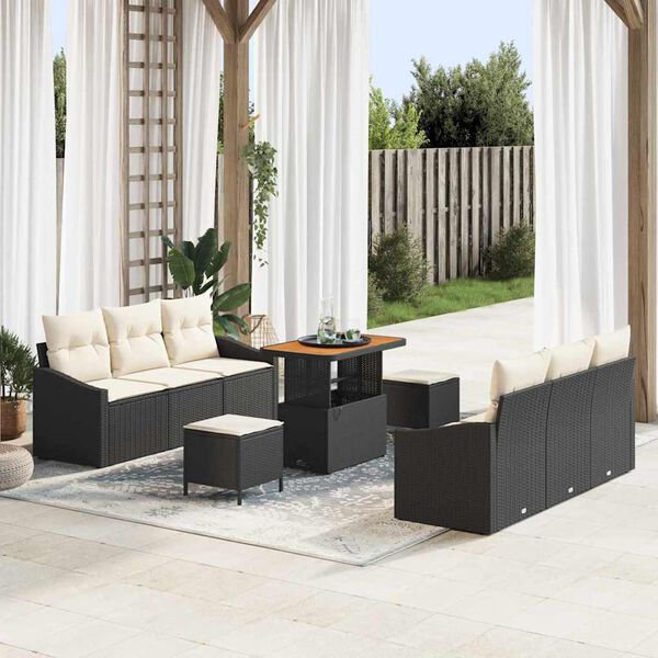 vidaXL Garten-Sofa-Set mit Kissen mit Speicher 9 pcs Schwarz und Creme