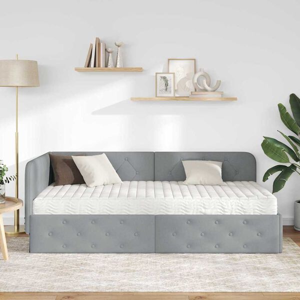 vidaXL Eckbettgestell mit Matratze Hellgrau 90 x 200 cm Stoff