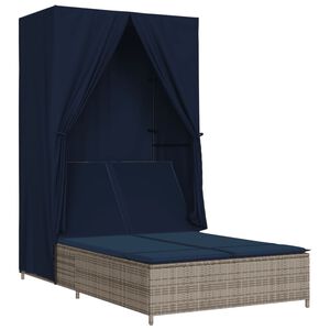 vidaXL Doppel-Sonnenliege mit Dach und Vorh&auml;ngen Grau Poly Rattan