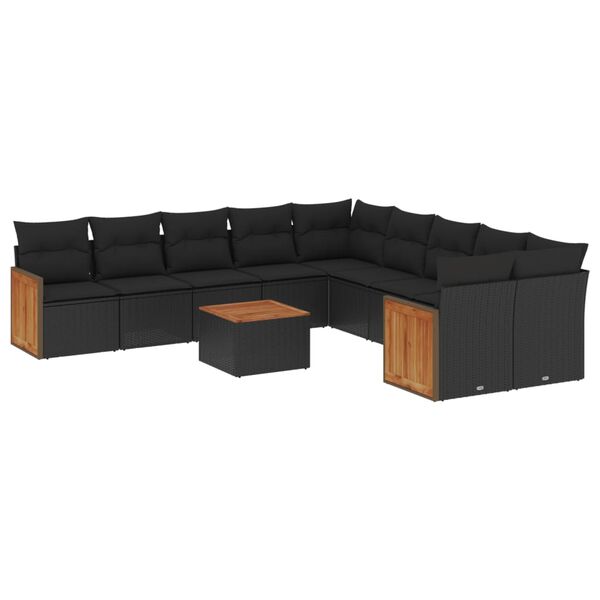 vidaXL 11-tlg. Garten-Sofagarnitur mit Kissen Schwarz Poly Rattan