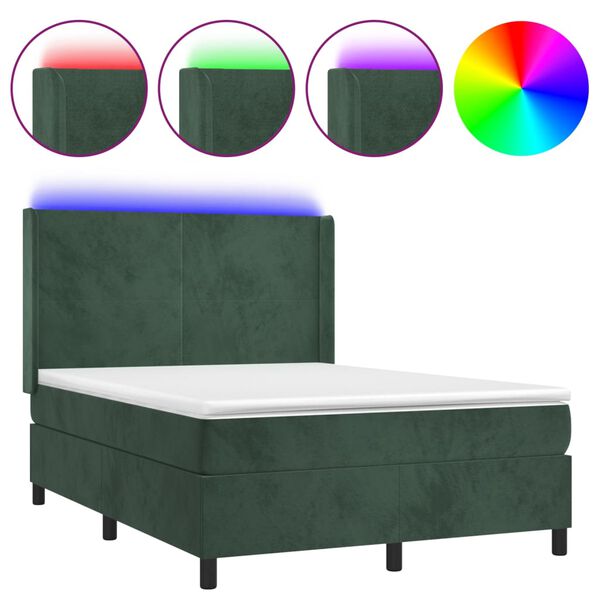 vidaXL Boxspringbett mit Matratze & LED Dunkelgr&uuml;n 140x190 cm Samt