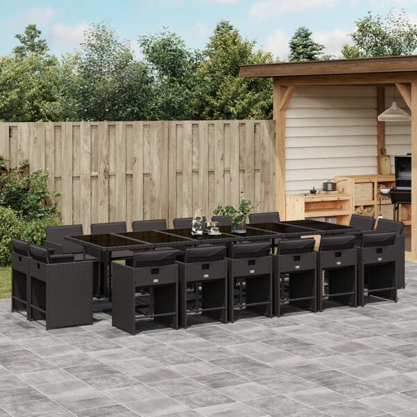 vidaXL 17-tlg. Garten-Essgruppe mit Kissen Schwarz Poly Rattan