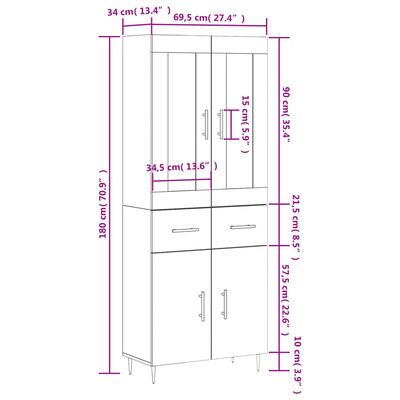 vidaXL Highboard Braun Eichen-Optik 69,5x34x180 cm Holzwerkstoff