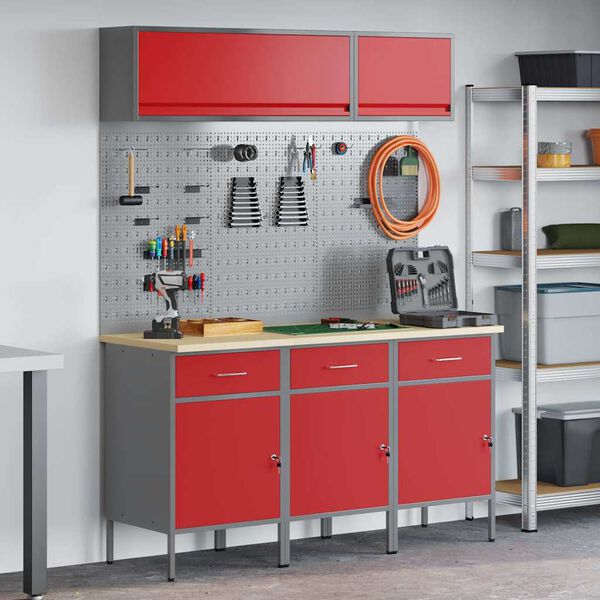 vidaXL Arbeitsschrankset mit Schubladen mit Speicher 8 pcs Rot