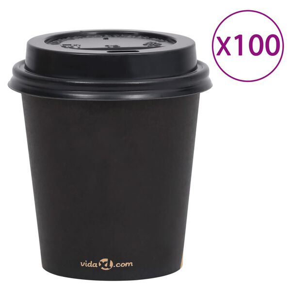 vidaXL Pappbecher mit Deckel 200 ml 100 Stk. Schwarz