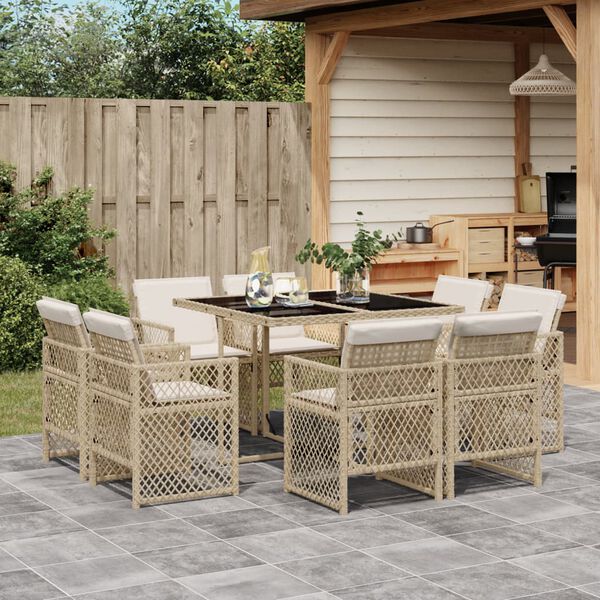 vidaXL 9-tlg. Garten-Essgruppe mit Kissen Beige Poly Rattan