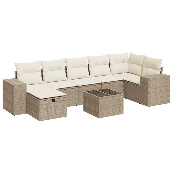 vidaXL 7-tlg. Garten-Sofagarnitur mit Kissen Beige Poly Rattan