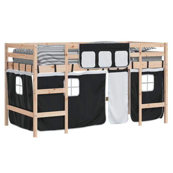 vidaXL Kinderhochbett mit Vorhängen Weiß Schwarz 90x190 cm Kiefernholz