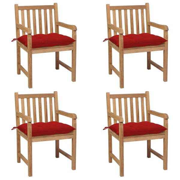 vidaXL Gartenst&uuml;hle 4 Stk. mit Roten Kissen Massivholz Teak