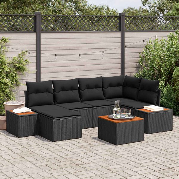 vidaXL Garten-Sofa-Set mit Kissen 7 pcs Schwarz Poly Rattan