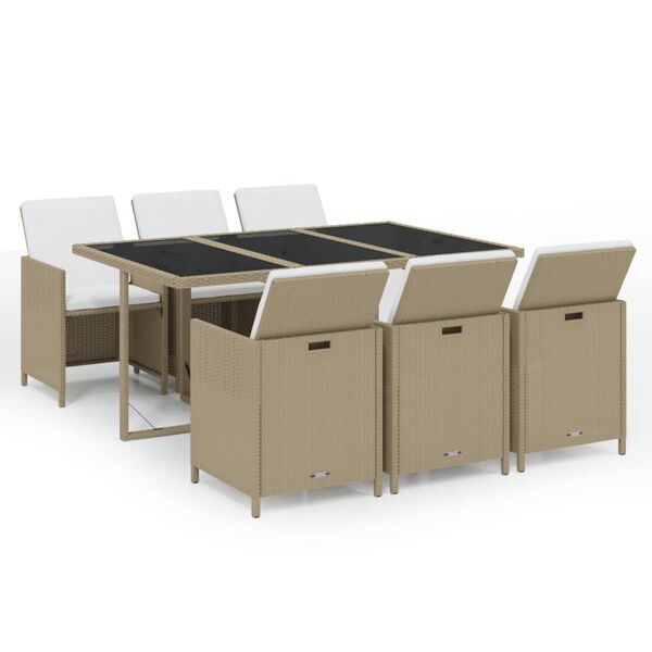 vidaXL 7-tlg. Garten-Essgruppe mit Kissen Poly Rattan Beige