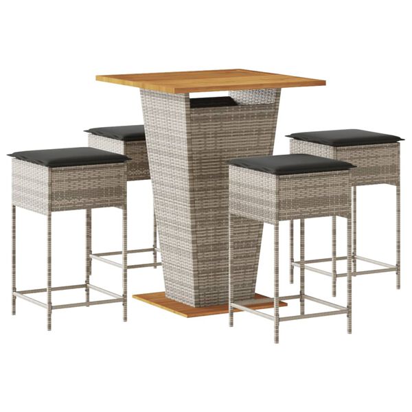 vidaXL 5-tlg. Gartenbar-Set mit Kissen Grau Poly Rattan