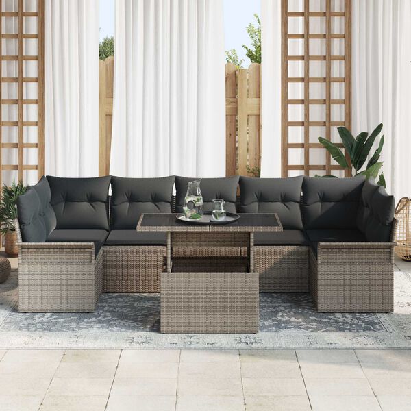 vidaXL Garten-Sofa-Set mit Kissen mit Speicher 8 pcs Grau Poly Rattan