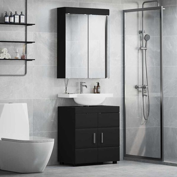 vidaXL Badezimmerm&ouml;bel-Set mit Regal TULUM Schwarz Holzwerkstoff