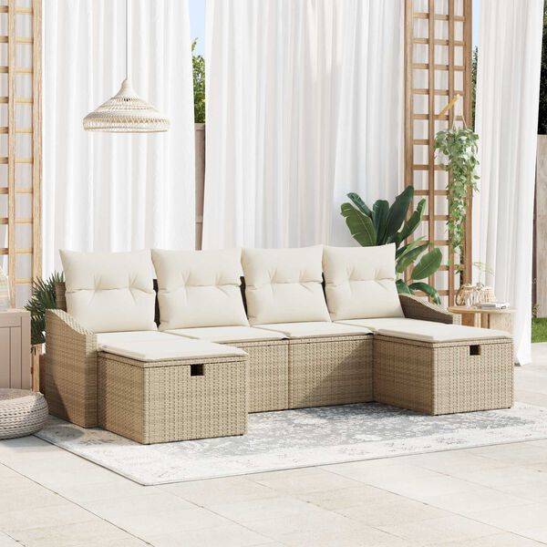 vidaXL Garten-Sofa-Set mit Kissen 6 pcs Beige Poly Rattan